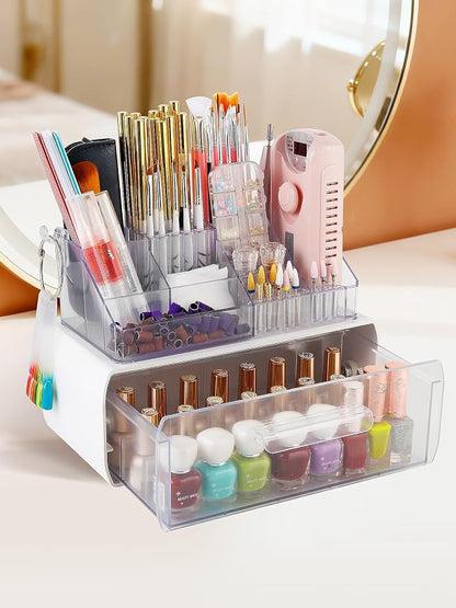 LIARTY Nail Drill Holder with Drawer - Makeup Organizer Case for Brush | Acrylic Nail Drill Bits Holder Beauty Cosmetic Storage Box for Dresser Countertop and Bathroom Vanity