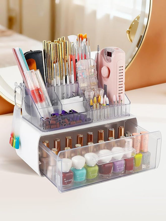 LIARTY Nail Drill Holder with Drawer - Makeup Organizer Case for Brush | Acrylic Nail Drill Bits Holder Beauty Cosmetic Storage Box for Dresser Countertop and Bathroom Vanity