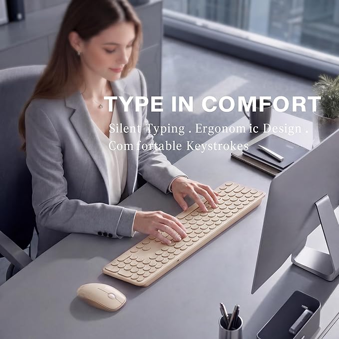 MPTOG Wireless Keyboard and Mouse Combo, Retro Round Typewriter Keys, 2.4G Silent Connection with Number Pad, Ergonomic Aesthetic Desk Set for Home Office, Laptop, PC, Mac (Milk-Tea)