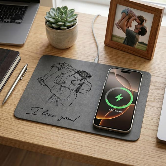 Personalized Leather Charging Mat, Dad Sketch Line Art Custom Photo, Wireless Charging Desk Mat, Custom Dad Gift, Fathers Day Gift for Dad, Papa, Grandpa, Daddy 2