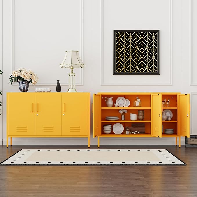 47.5" Wide Yellow Metal Storage Cabinet with Lock and Ventilated Doors, 2 Adjustable Shelves, Heavy Duty Home Metal Accent Locker for Kitchen Office Living Room Hallway