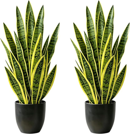 Artificial Snake Plant 2.3FT-2PCS, 27'' Sansevieria Plant with Black Pot, Low Maintenance Mother-in-Law's Tongue for Home Decor Indoor Outdoor, Desk Corner Office Hotel Garden(Yellow-2Pack)