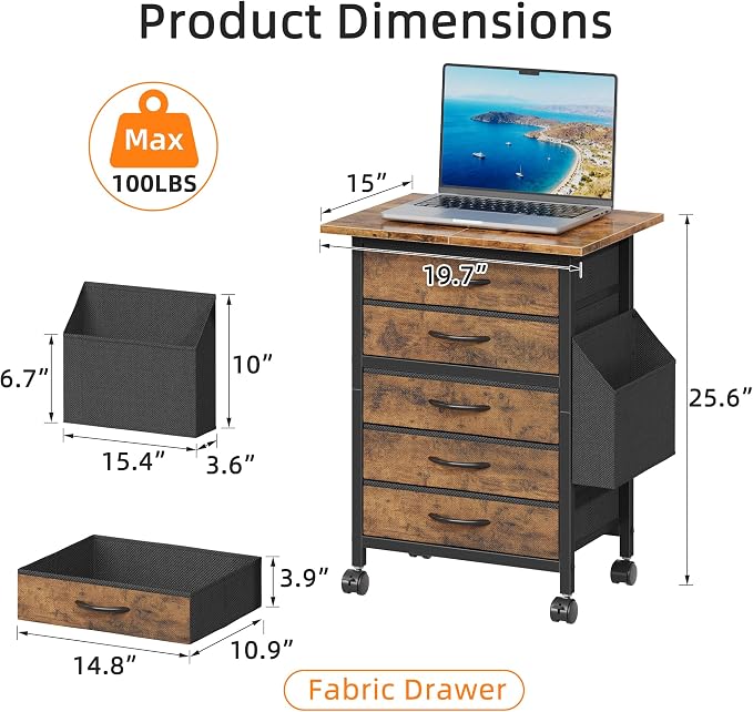 HIGDBFE 5 Fabric Drawers File Cabinet with Side Pocket, Rolling Printer Stand with Storage for Home Office, Wood Top Storage Cabinet Office Storage for Documents and Crafts, Rustic Brown, 15" D