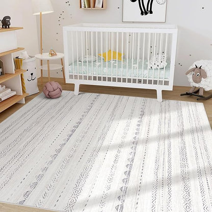 Nakagishi Area Rug Living Room Rugs: 4x6 Soft Machine Washable Boho Neutral Farmhouse Stain Resistant Moroccan Indoor Floor Carpet for Bedroom Nursery Kids Entryway Kitchen Entry Bedside Home- Gray