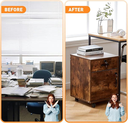 OFCASA 2 Drawer File Cabinet with Lock, Small Rolling Filing Cabinets for Home Office, Wood Under Desk File Cabinet with Wheels, Mobile Storage Organizer, Printer Stand for Letter/Legal, Rustic Brown