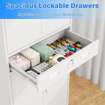 BESFUR Metal Storage Cabinet with 1 Drawer and Adjustable Shelves, 71" H Reinforced Heavy Duty Locking Storage Cabinet for Office, Garage, Home, School, Utility(White)