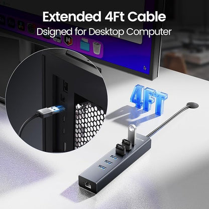 4FT USB to Ethernet Adapter, 7-in-1 USB Hub 3.0 Multiport Adapter with Ethernet 1Gbps & 6 USB 3.0 Port, USB Ethernet Adapter for Desktop, Laptop, MacBook, XPS Windows