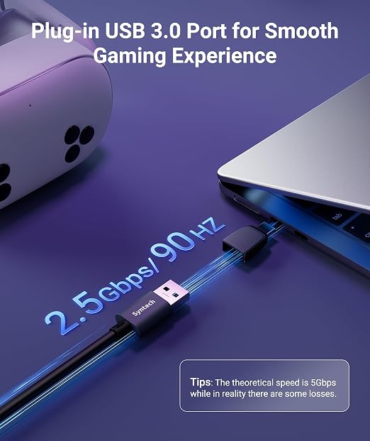 Syntech VR Link Cable 5M/16FT with USB 3.0 A to C Adapter, Charging & Data Transfer, Compatible with Meta Quest 3S/3/2/Pro, Pico 4, Steam VR Gaming, High Speed VR Cable (Black)