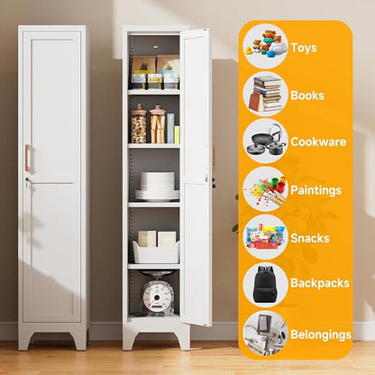 67"H White Metal Locker with 1 Lockable Door and 4 Adjustable Shelves For Employees, 5 Tier Small Storage Cabinet with Detachable Legs and Vintage Handle for Kitchen,Office,Gym,School,Easy Assembly