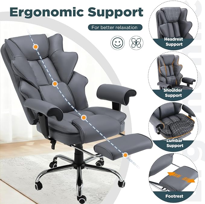 HOMREST Grey Ergonomic Office Chair | 6-Point Vibration Massage & Heat, Reclining Executive Chair, Adjustable Footrest and Armrests, PU Leather Big and Tall