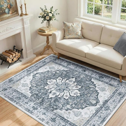 RELEANY Area Rugs 4'x5' Washable Non-Slip, Floral Vintage Distress Medallion Carpet for Living Room Bedroom Dining Room, Light Gray Grey White