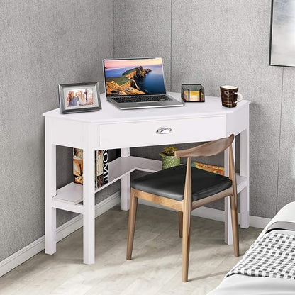 HOMGX Corner Desk With Storage Drawer and Shelves - Writing and Study Computer Workstation for Home Office, White