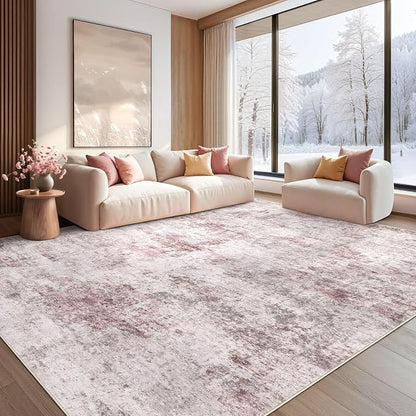 UERMEI 9x12 Washable Area Rug - Neutral Modern Abstract Living Room Rugs, Non-Slip Soft Large Indoor Floor Carpet for Bedroom Home Office & Under Dining Table Decor, Pink Grey