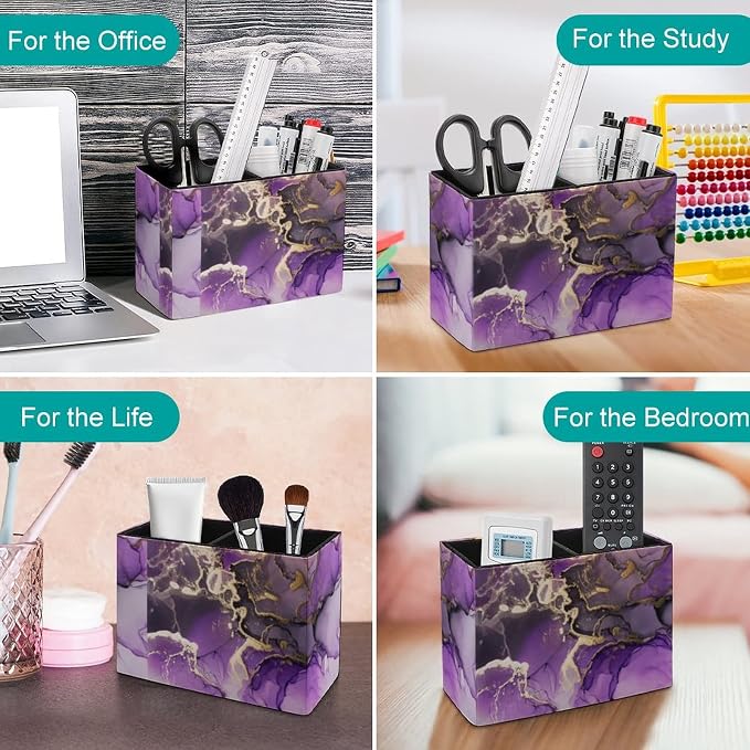 Niapessel Pencil Holder for Desk, Purple Golden Marble Pen Holder Storage Desktop Pen Organizer Desk Pencil Organizer Makeup Brush Holder for Office School College Leather