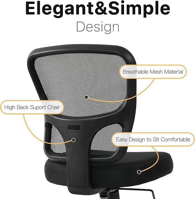 Armless Office Desk Chair Height Adjustable, Ergonomic High Back Mesh Task Chair, Rolling Office Stool for Small Spaces, Computer, Study,Sewing & Drafting - Black