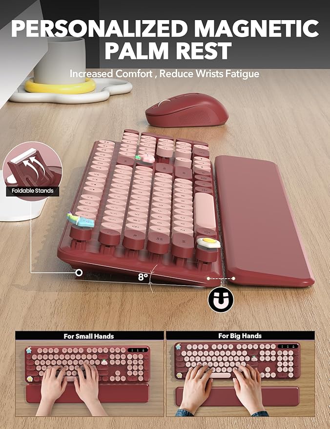 Wireless Keyboard and Mouse Combo - Cute Typewriter Keyboard with Detachable Wrist Rest, Retro Round Keycaps, Foldable Legs, 2.4GHz Full-Size Keyboard for PC, Laptop, Windows - Trueque (Wine Red)