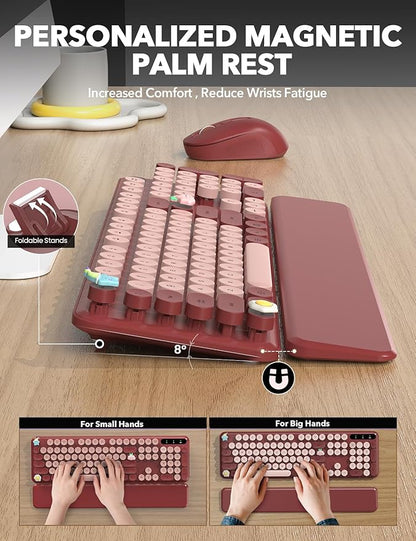 Wireless Keyboard and Mouse Combo - Cute Typewriter Keyboard with Detachable Wrist Rest, Retro Round Keycaps, Foldable Legs, 2.4GHz Full-Size Keyboard for PC, Laptop, Windows - Trueque (Wine Red)