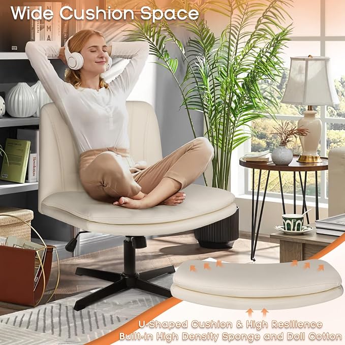PUKAMI Criss Cross Chair,Comfy Cross Legged Office Desk Chair No Wheels,Modern Fabric Swivel Adjustable Height Mid Back Wide Seat for Home Office Computer (Pu Beige)