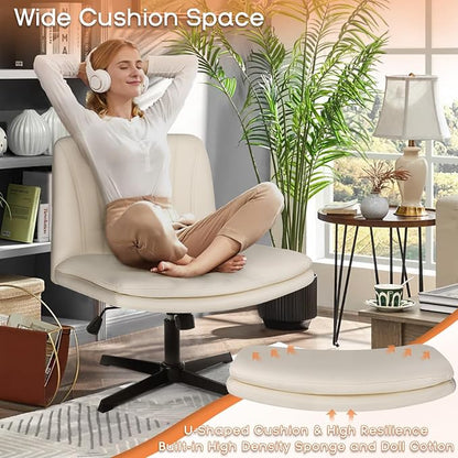 PUKAMI Criss Cross Chair,Comfy Cross Legged Office Desk Chair No Wheels,Modern Fabric Swivel Adjustable Height Mid Back Wide Seat for Home Office Computer (Pu Beige)