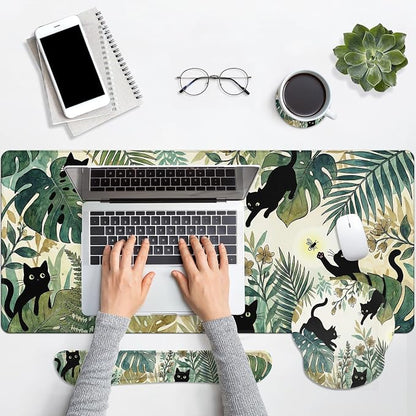Britimes Green Tropical Plants Keyboard Mouse Pad Set Black Cats 4in1 Large Mousepad+Keyboard Wrist Rest+Mouse Wrist Rest+Coaster Ergonomic Design for Home Office Computer 35.4x15.7 inches