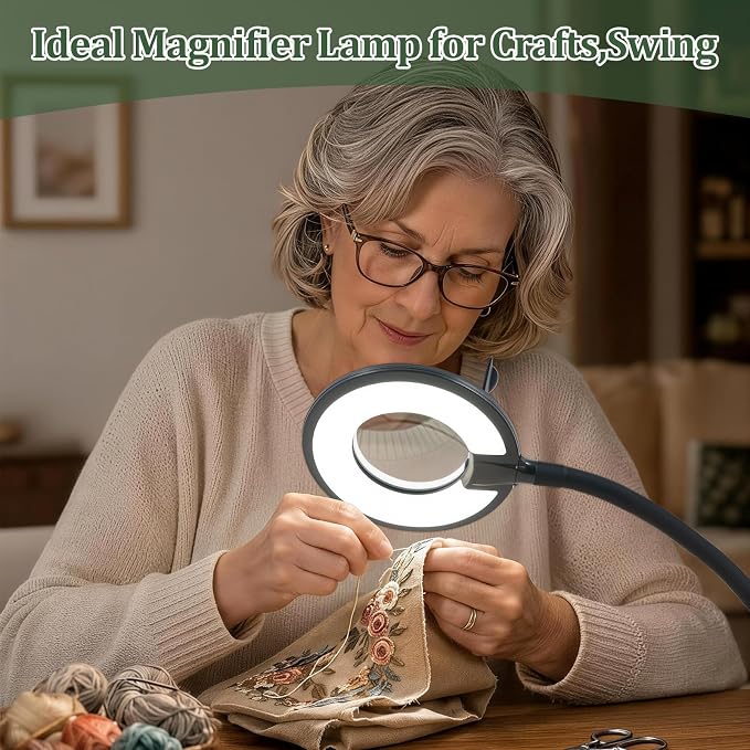 Magnifier Desk Lamp, Flexible Gooseneck, 2-in-1 Magnifying Glass 3X+6X Led Work Light for Elderly Reading, 3 Dimmable Office Magnifying Lamp, Hands Free Mag Desk Lamp for Crafts Sewing Needlepoint