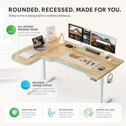 Grandder 47" L Shaped Standing Desk, Electric Height Adjustable Corner Stand Up Desk with Ergonomic Curved Round Corner for Small Apartment Home Office, Oak Desktop White Frame