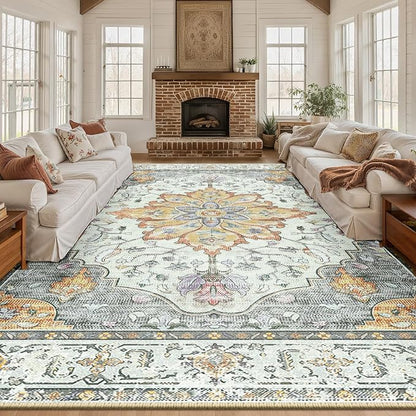 RELEANY Area Rugs Large 10'x12' Washable Non-Slip, Floral Vintage Distress Medallion Carpet for Living Room Bedroom Dining Room, Beige Carbon Grey Orange