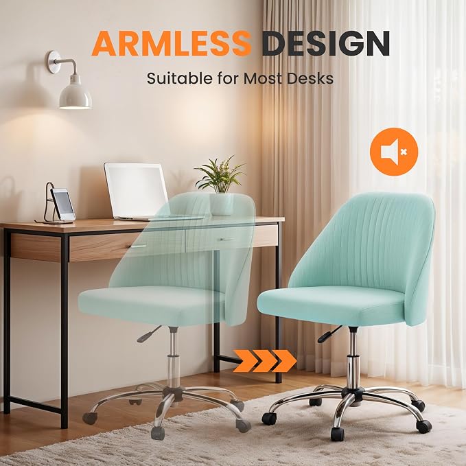 Simple Deluxe Armless Office Desk Chair, Modern Cute Swivel Vanity Chair Comfy Home Office Chairs with Wheels Height Adjustable Rolling Computer Task Stools for Living Room, Make-up, Bedroom, Teal