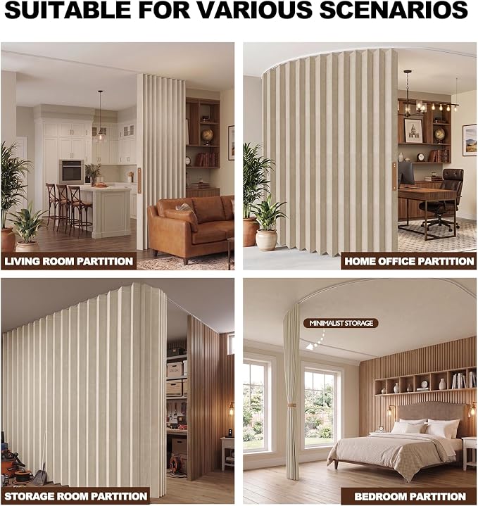 ILRON Accordion Folding Room Partition with Ceiling Track - Retractable Room Divider Curtain, Effortless Setup(Beige 180" W x 96" L-Pack of 1)