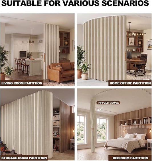 ILRON Accordion Folding Room Partition with Ceiling Track - Retractable Room Divider Curtain, Effortless Setup(Beige 180" W x 96" L-Pack of 1)