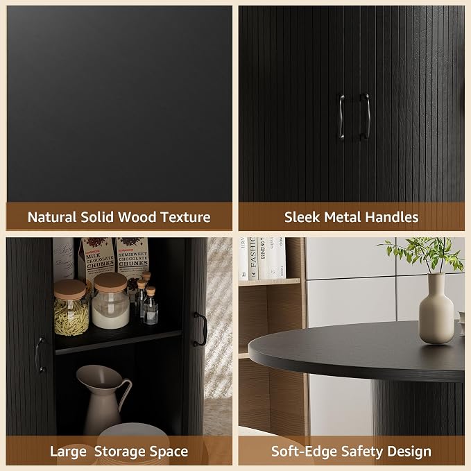 31.5 inch Round Dining Table for 2, Small Dinner Table with 2-Layer Storage Shelf, Morden Circle Kitchen Table with Wood Strip Base and Slide Door for Home Dining Room, Living Room, Black