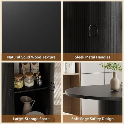 31.5 inch Round Dining Table for 2, Small Dinner Table with 2-Layer Storage Shelf, Morden Circle Kitchen Table with Wood Strip Base and Slide Door for Home Dining Room, Living Room, Black