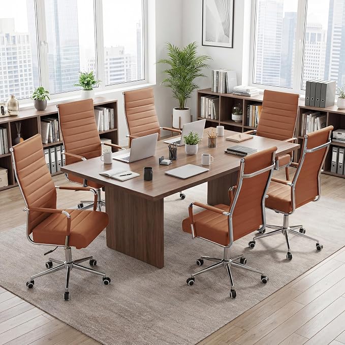 Office Desk Chair,Conference Room Chairs with Wheels and Arms, Modern PU Leather Ergonomic High Back Executive Ribbed Height Adjustable Swivel Chair for Home Office (Brown)