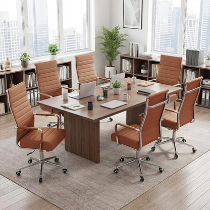 Office Desk Chair,Conference Room Chairs with Wheels and Arms, Modern PU Leather Ergonomic High Back Executive Ribbed Height Adjustable Swivel Chair for Home Office (Brown)