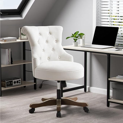 HUIMO Home Office Chair Upholstered Armless Desk Chairs with Wheels Adjustable Height Computer Desk Chair with Wooden Legs Linen Comfortable Swivel for Home Office Study Studio (Beige)