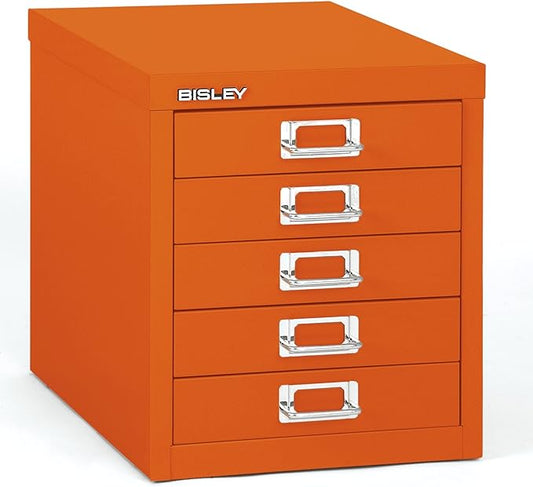 5-Drawer Steel MultiDrawer Cabinet - Orange, by Bisley | Chrome Pull Handles with Label Holders, Powder-Coated Steel, Removable Drawers, Desktop Storage, Labels Included