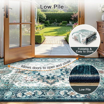 Lofus 5x7 Washable Rugs Non-Slip, Vintage Floral Area Rug for Living Room Bedroom Dining Room Kitchen, Low Pile Distress Print Medallion Carpet Home Decor Rug, Floral Green Beige