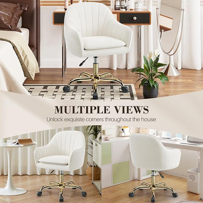 Vanity Chair with Wheels, Comfy Home Office Desk Chairs Adjustable Modern Velvet Makeup Vanity Chairs for Bedroom Living Room-Beige