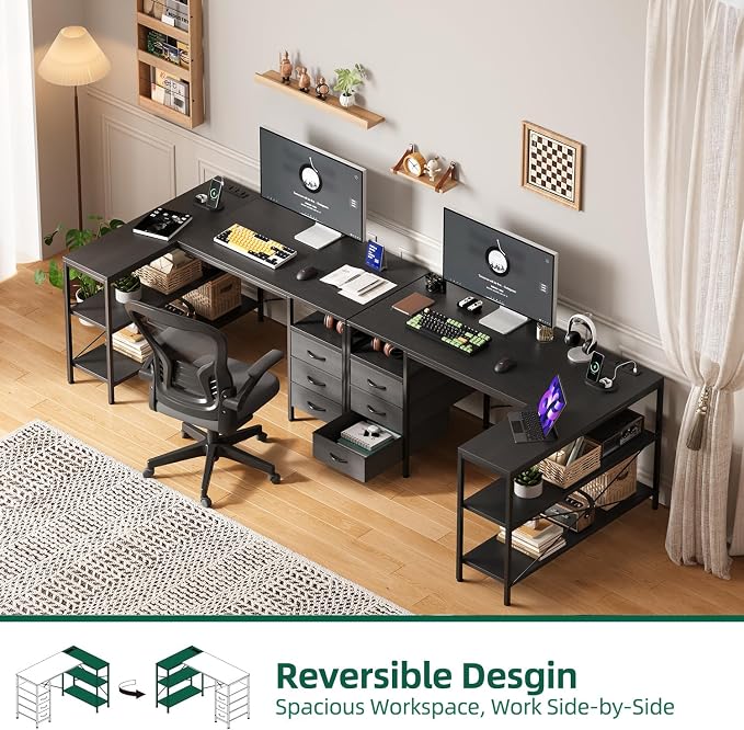MUTUN L Shaped Computer Desk with 3 Drawers & Power Outlets, 47 Inch Corner Desk with Reversible Storage Shelves, PC Table for Home Office Bedroom (Black, 47 Inch)