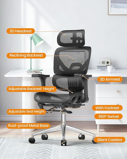 naspaluro Ergonomic Office Chair, High Back Mesh Desk Chair, 350lbs Capacity, Lumbar Support, 3D Armrest Headrest, Footrest, PU Wheels, Swivel Computer Chair for Home Office, Work & Gaming