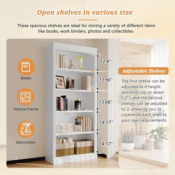 83.4" Tall Wood Bookcase with Light Strip,5-Tier Decor Bookshelves with Adjustable Shelves,Storage Organizer for CDs/Books,Free Standing Storage Shelves for Living Room,Home Office,White