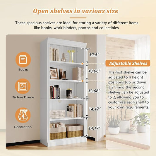 83.4" Tall Wood Bookcase with Light Strip,5-Tier Decor Bookshelves with Adjustable Shelves,Storage Organizer for CDs/Books,Free Standing Storage Shelves for Living Room,Home Office,White