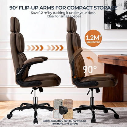 Office Chair with Adjustable Headrest - Executive Leather Desk Chair for Home Office, with Flip-Up Arms & Ergonomic Lumbar Support, Perfect for Work and Study, Brown