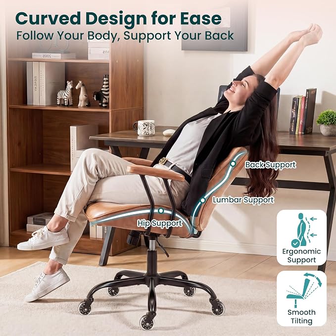 NEO CHAIR Ergonomic Leather Office Desk Chair with Adjustable Armrests Mid Back Lumbar Support Swivel Executive Computer Chair with Wheels Comfy Home Office Chair for Adults (Brown)