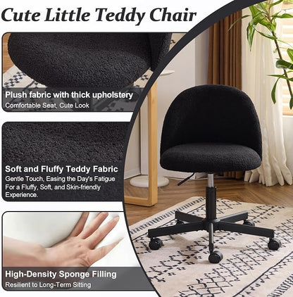 VINGLI Cute Candy Chair Armless Comfy Small Office Desk Vanity Chair with Wheels & Lumbar Support,Teddy Adjustable Rolling Swivel Computer Task Ch for Home Office,Bedroom,Black