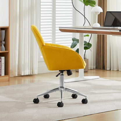 Velvet Home Office Desk Chair, Modern Cute Computer Task Chair with Back, Height Adjustable Upholstered Vanity Chair with Swivel Wheels for Women, Girls (Silver Base, Lemon Yellow