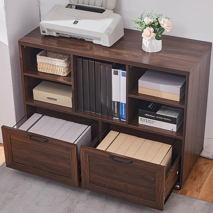 40" Lateral File Cabinet,Farmhouse Wood Small Home Office Storage with Wheels,Filing Cabinet with 2 Drawers for Legal/Letter/ A4 Size (Brown)