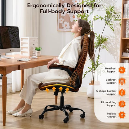 Ylzyxal Office Desk Chair, Ergonomic Computer Chair with Padded Flip-Up Arms and Adjustable Lumbar Support, PU Leather Executive Chair with Tilt Lock and 360° Swivel Rolling Wheels for Work, Study