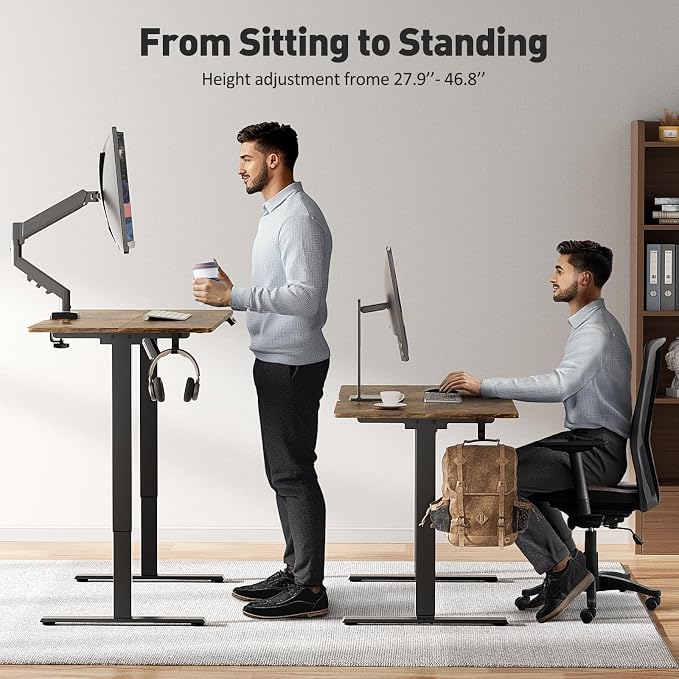 48x24 in Electric Standing Desk,Adjustable Height with Wheels,Brown | Spliced Desktop,27.9"–46.8" Height Range,4 Memory Presets,Lockable Wheels,Headphone Hook,Sit Stand Desk,Home Office