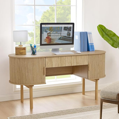 Executive Office Desk with Storage, 63 Inch Large Computer Workstation Desk with Drawer and File Cabinets, Mid Century Modern Fluted Wood Writing Desk for Home Office, Study Room, Living Room, Natural
